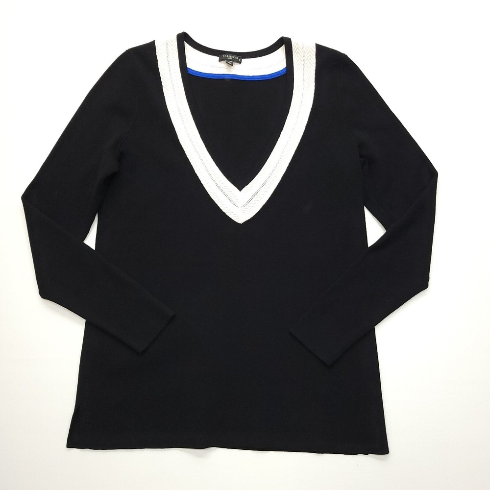 Talbots Black V-Neck Sweater with Cream Trim